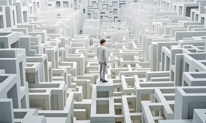 Man in maze is looking for way out. Concept of finding right solutions in life