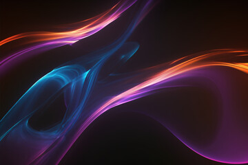 Wall Mural - Neon wave. Light motion. Blur fluorescent purple blue orange color glow curve smoke veil on dark black abstract art illustration background with copy space.