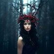 © Ilija - Portrait of a dark haired fair skinned woman wearing a red berries crown in a black forest. Surreal autumn and winter natural beauty fashion concept.