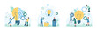 Business project development, improvement and idea implementation set vector illustration. Cartoon tiny people create idea innovation, put gear in digital circuit with light bulb, change settings
