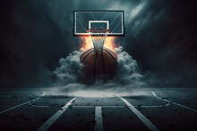 League Basketball. Advertising Poster. Graphic Art. Creative Illustration Championship Presentation Ball Explosion Clouds Under Ring Hoop On Black Background.