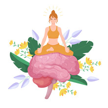 Mental Health, Wellbeing And Spiritual Healing Of Mind With Meditation Vector Illustration. Cartoon Tiny Young Girl Sitting In Yoga Lotus Pose On Giant Brain With Blooming Garden Flowers And Leaves