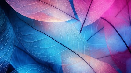 Poster - Generative AI : Macro leaves background texture blue, turquoise, pink color. Transparent skeleton leaves. Bright expressive colorful beautiful artistic image of nature.