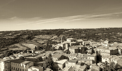 Canvas Print - Panoramic aerial view of Orvieto medieval town from a flying drone - Italy