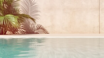 Generative AI : Tropical summer background with concrete wall, pool water and palm leaf shadow. Luxury hotel resort exterior for product placement. Outdoor vacation holiday house scene, neutral archit