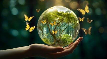 Generative AI : Earth crystal glass globe ball and growing tree in human hand, flying yellow butterfly on green sunny background. Saving environment, save clean planet, ecology concept. Card for World