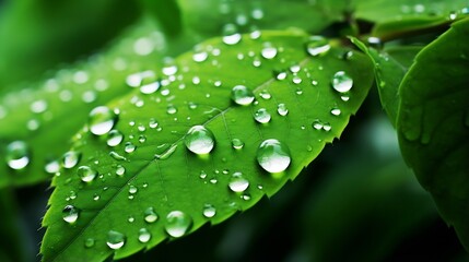 Poster - Generative AI : Large beautiful drops of transparent rain water on a green leaf macro. Drops of dew in the morning glow in the sun. Beautiful leaf texture in nature. Natural background