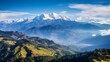 Generative AI : Panoramic landscape of a mountain range during an autumn morning