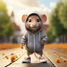 A Cute Little Mouse With A Hoodie And Tennis Shoes, Beautiful Background, Generative AI