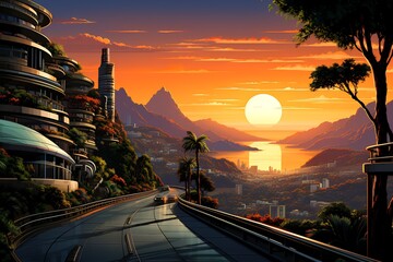 Poster - Image of city on hill with sunset in the background.