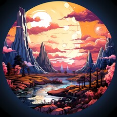 Wall Mural - Image of landscape with mountains and river in the foreground.