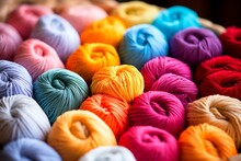 Close Up Of Many Skeins Of Colorful Yarn.