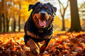 Wall Mural - Black and brown dog running through leaf covered forest.