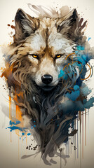 Wall Mural - Image of wolf's face with orange eyes.