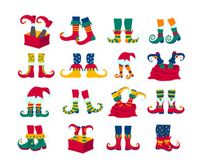 Sticker - Cartoon Color Elf Legs in Shoes with Crooked Toes Icon Set Concept Flat Design Style. Vector illustration