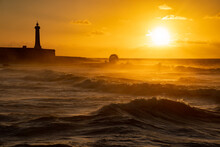 Morocco. Rabat. Sunset In Front Of Rough Sea