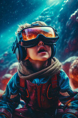 Sticker - Young boy wearing helmet and goggles in front of space background.