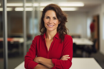portrait of a smiling businesswoman standing and looking at the camera in a blurred office at a team