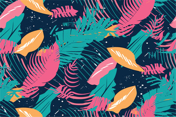 Retrowave exotic leaves summer funky shirt seamless pattern. 80s 90s pop art memphis style. Miami or Hawaii style. Expressive ornament for textile, wrapping. Vector.