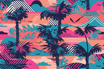 Wall Mural - Retrowave exotic leaves summer funky shirt seamless pattern. 80s 90s pop art memphis style. Miami or Hawaii style. Expressive ornament for textile, wrapping. Vector.