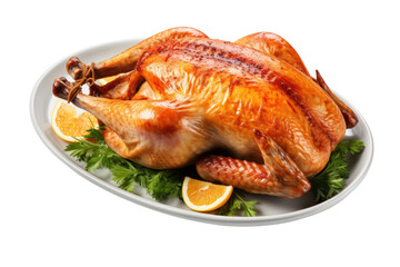 Wall Mural - Thanksgiving roasted turkey isolated on white transparent background, above view, PNG