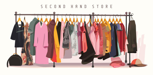 Iisolated colored flat vector illustration featuring a collection of secondhand clothes displayed on racks at a thrift store. The shop carries an assortment of leftover apparel.