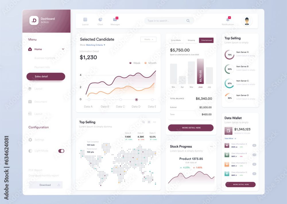 Infographic dashboard. UI UX design with graphs, charts and diagrams ...