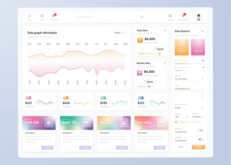 Infographic dashboard. UI UX design with graphs, charts and diagrams. Web interface template for business presentation