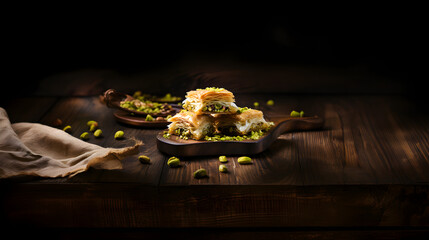 Traditional honey baklava, nuts. Pottery and silverware. Dark wooden background.