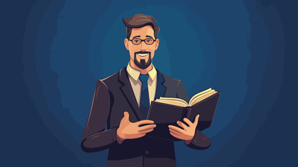 AI generated, World teacher’s day theme. Male teacher standing in front of  the classroom, holding a book. Flat simple illustration for happy teacher's day. Copy space available. Congra