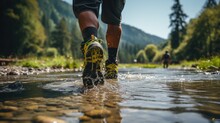 A Person Wearing Hiking Shoes Walking Through A Stream. Generative AI Image.