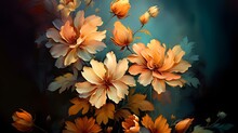 Abstract Painting Of Orange Blue And Golden Dahlia Flowers On Dark Background . Art Painting For Wall Frames. Ai Generative.