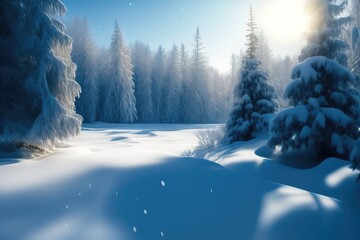 Wall Mural - beautiful winter landscape with fir trees in a snowy forest. ai generated.