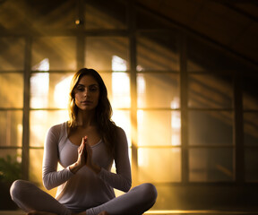 A woman meditating or practicing yoga in a gym in the morning. Embracing an active and healthy lifestyle. Shallow field of view.