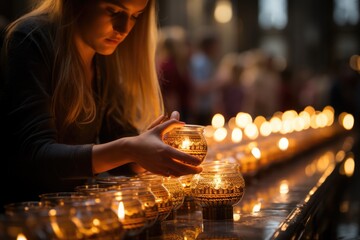 Wall Mural - Close-up of a persons hand lighting a candle in a place - stock photography concepts