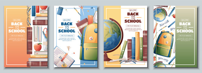 Set of school banners, flyers with backpack, globe, books. Back to school, teacher's day, love of knowledge. Background, poster with school supplies.