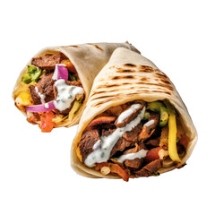 Wall Mural - 2 delicious shawarmas, Mexican chicken wraps isolated on a transparent background