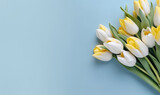 Fototapeta Tulipany - Wallpaper with yellow tulips. Flower on blue background. For banner, postcard, book illustration, products display presentation. Created with generative AI tools