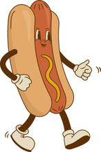 Cartoon Hot Dog Character In Retro Groovy 70s Style. Fast Food Vector Illustration. Vintage Bratwurst Mascot. Nostalgia 60s, 80s
