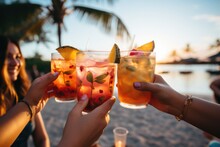 Friends Toasting With Tropical Drinks On A Sunny Beach  - Stock Photography Concepts