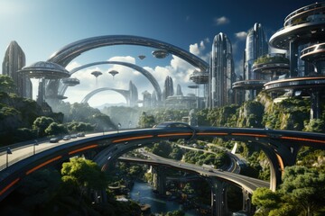 Wall Mural - Futuristic cityscape with flying vehicles and skyscrapers - stock photography concepts