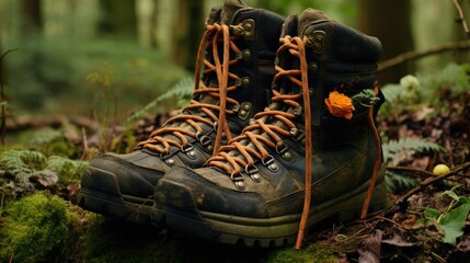 Canvas Print - A pair of hiking boots with laces tied to them in the forest. Generative AI image.