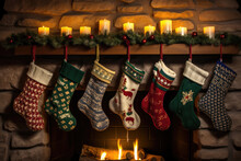 Christmas Socks Of Different Colors For Gifts Are Hanging On The Fireplace With Decorations. Christmas Atmosphere