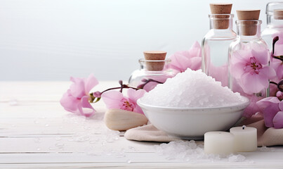 Wall Mural - Spa decoration with stones, candle, pink flower and a bottle with massage oil on a white wooden floor background