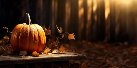 Wall Mural - Pumpkin and autumn leaves on wood in a forest with copy space, fall and halloween background
