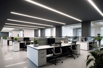 Modern office space with an open floor plan. The office space is filled with white desks and black office chairs. The desks are arranged in rows and have computer monitors and potted plants on them