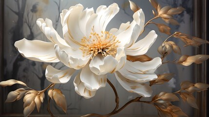 Wall Mural - Golden and white flower on black marble background. White Magnolia Flower Wall Art. Abstract art painting for wall frames. Elegant light beige and bronze flower wall art. Ai generative.