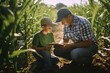 Father showing his son digital tablet business farming in corn field