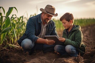 Wall Mural - Father showing his son digital tablet business farming in corn field