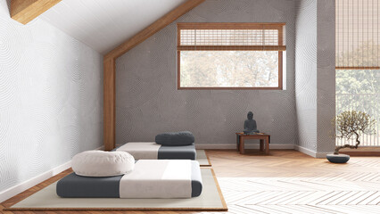 Wall Mural - Minimal meditation room in white and gray tones in attic apartment. Tatami mats, pillows and table with decors. Wooden beams and window. Japandi interior design